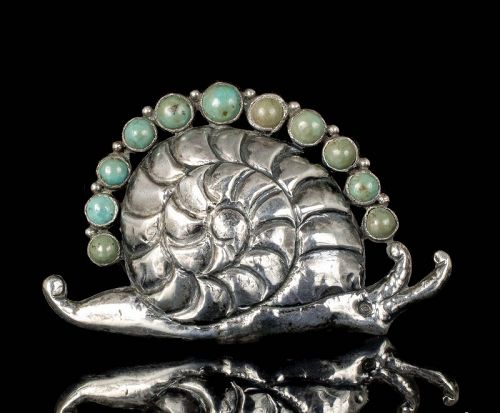 big Mexican Deco silver repousse snail Pin Brooch with turquoise