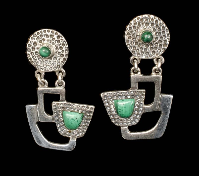 Erika Hult de Corral Ric Mexican silver malachite Earrings ~ Taxco mod