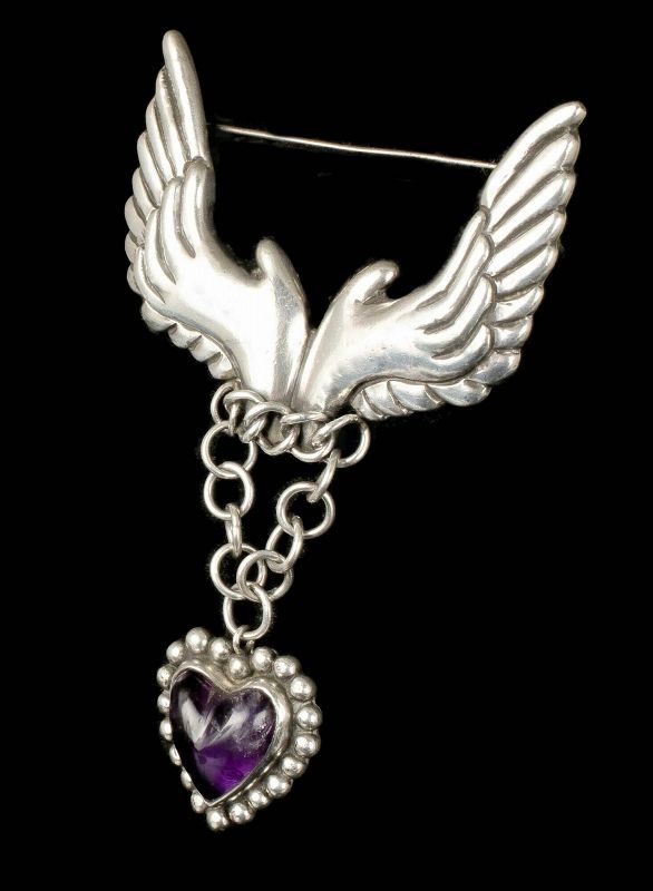 Hubert Harmon Mexican silver amethyst Pin Brooch ~ winged hands heart