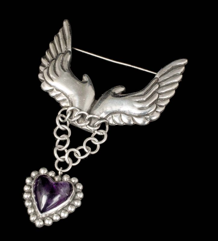 Hubert Harmon Mexican silver amethyst Pin Brooch ~ winged hands heart
