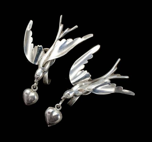 Mexican Deco silver swallows and hearts dangle Earrings