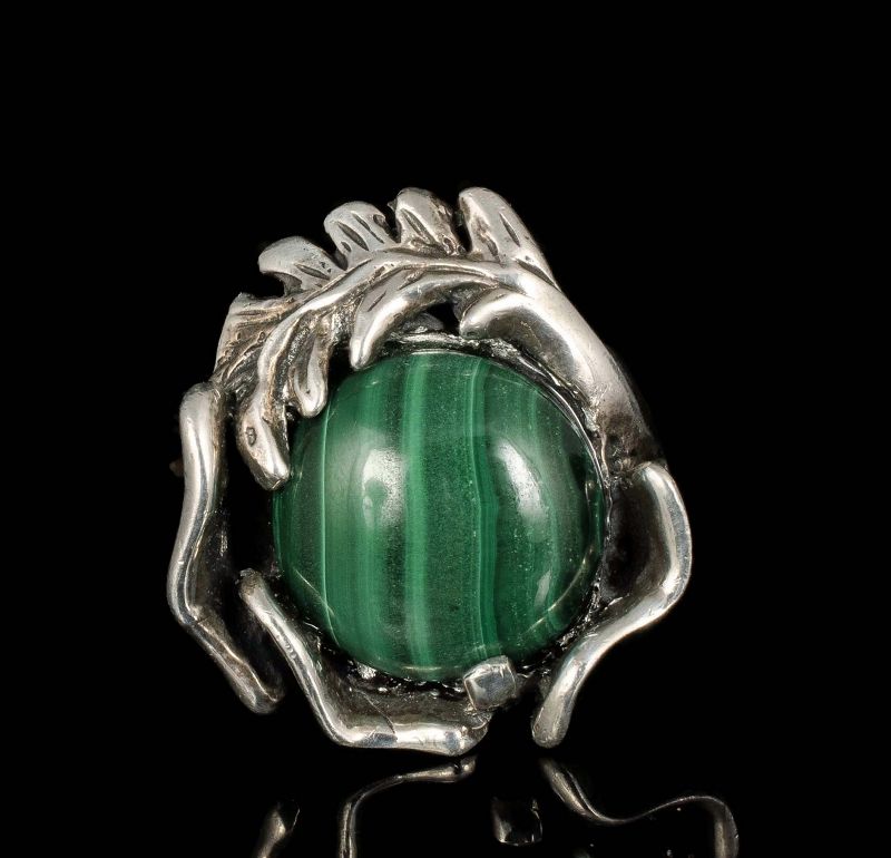Mexican 950 silver malachite modernist / brutalist Ring