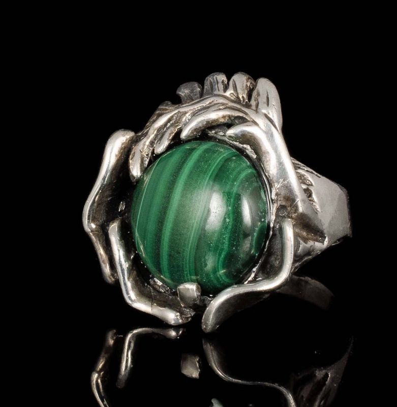 Mexican 950 silver malachite modernist / brutalist Ring