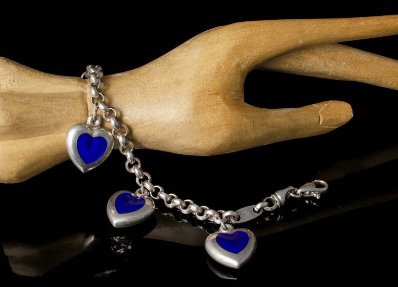 Italian silver blue enamel puffy hearts Charm Bracelet