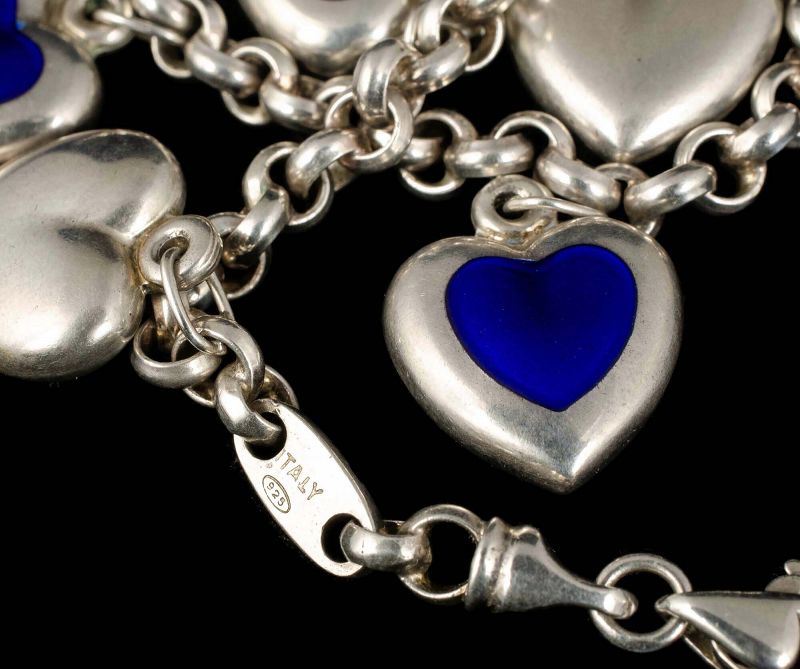 Italian silver blue enamel puffy hearts Charm Bracelet