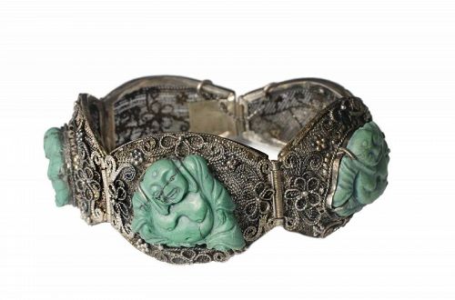 Chinese Deco silver carved turquoise "Laughing Buddha" Bracelet