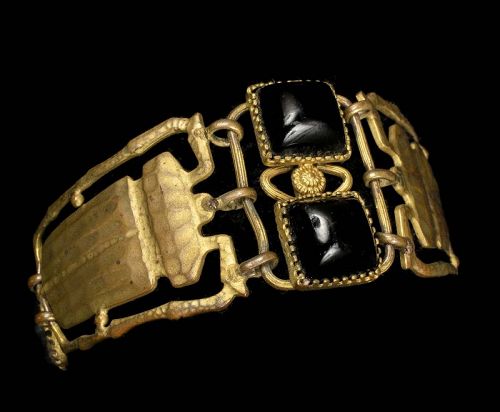 French Deco Egyptian Revival scarabs Bracelet with black onyx glass