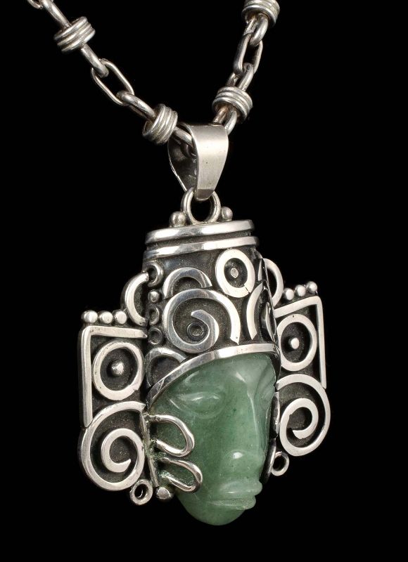 Mexican Deco silver and chrysoprase &quot;mask&quot; Pendant Necklace