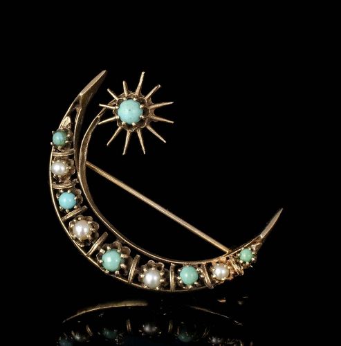 Victorian Revival 14k gold seed pearls turquoise moon and star Brooch