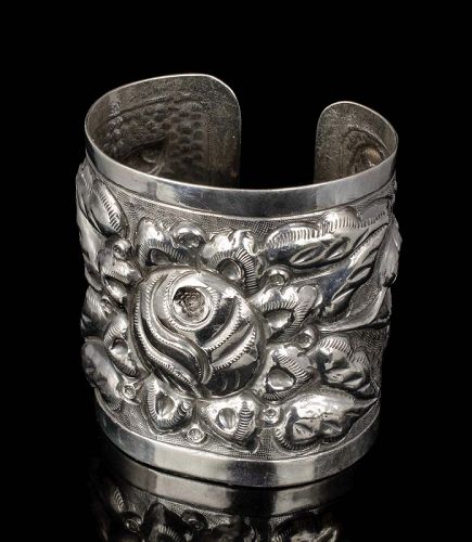 wide Sanborn's Mexican silver repousse "Aztec Rose" Cuff Bracelet