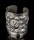 wide Sanborn's Mexican silver repousse "Aztec Rose" Cuff Bracelet