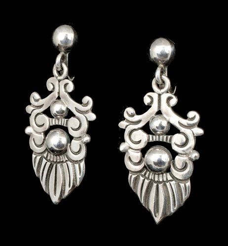 Margarita Mexican Deco silver Dangle Earrings ~ scrolls and feathers