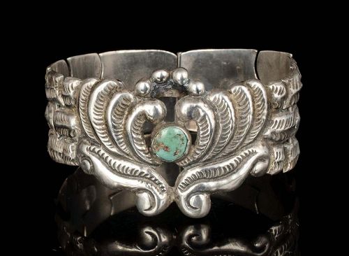 Mexican Deco silver and turquoise Bracelet ~ Matl style repousse