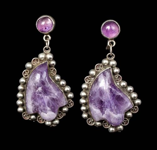 Mexican Deco silver carved amethyst Dangle Earrings ~ Spanish Colonial