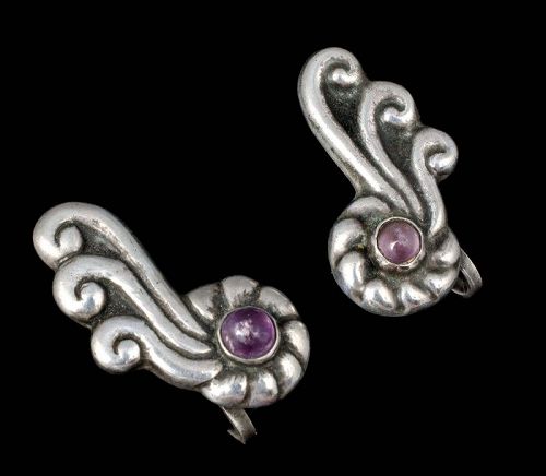 Mexican Deco silver repousse Earrings ~ florals with amethyst