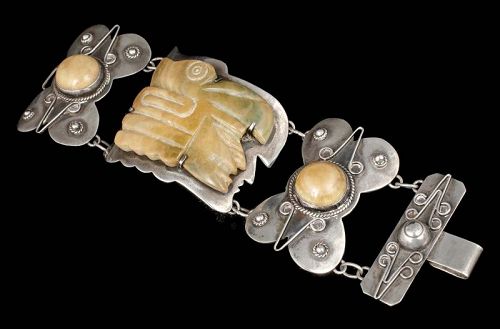 massive Elna Mexican silver carved "mask" Bracelet ~ Eagle Warrior