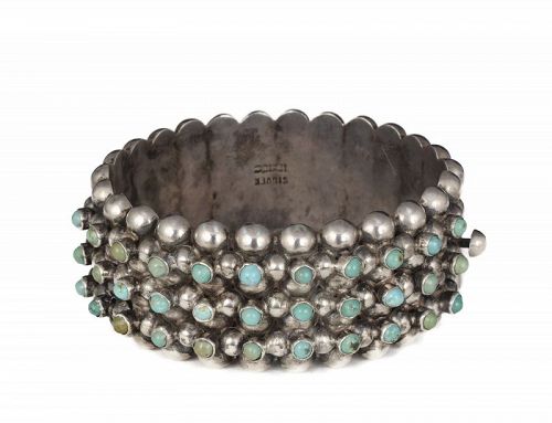 Mexican Deco silver repousse semi-spheres turquoise Bracelet