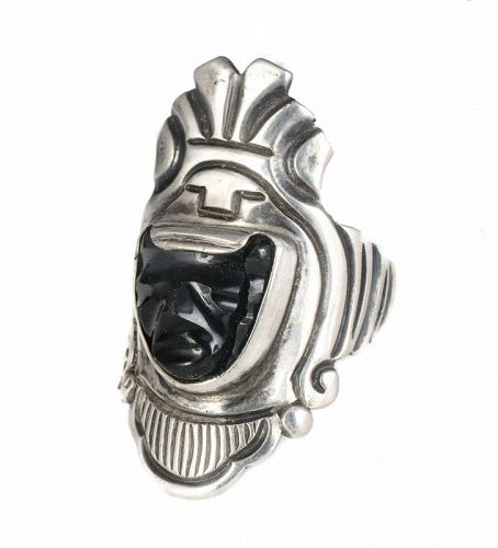 rare Victoria Mexican silver black onyx "mask" Ring ~ adjstbl