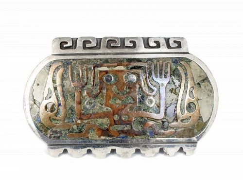 early Los Ballesteros Mexican silver copper stone inlay Pin Pendant