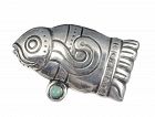 M Velazquez Mexican silver turquoise repousse fish Pin Brooch