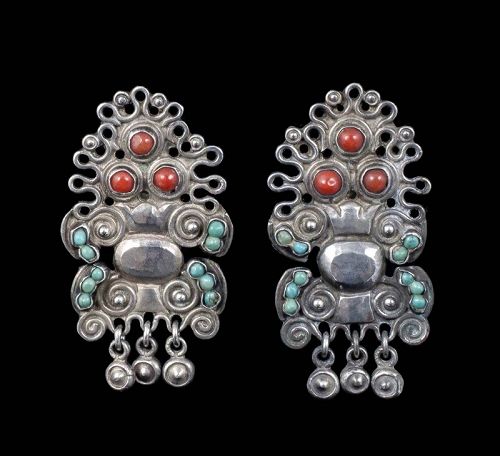 Matl Matilde Poulat Mexican silver coral turquoise Dangle Earrings