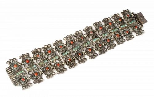 Matilde Poulat Matl Mexican Deco silver, coral and turquoise Bracelet