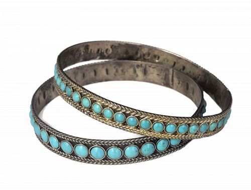 set of 2 Mexican silver and turquoise Bangle Bracelets
