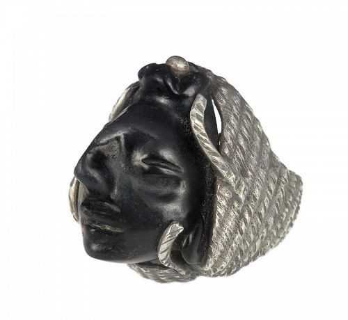 massive Mexican silver carved black stone "mask" Ring ~ unisex