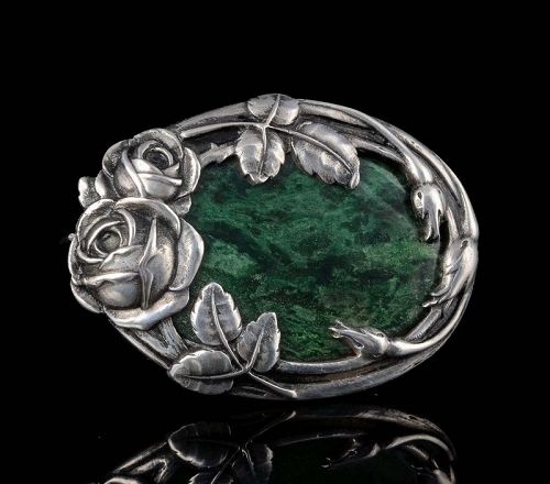 antique German Jugendstil 800 silver repousse roses Pin Brooch