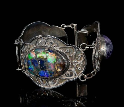 massive Taxco 980 Mexican silver black opal amethyst Bracelet