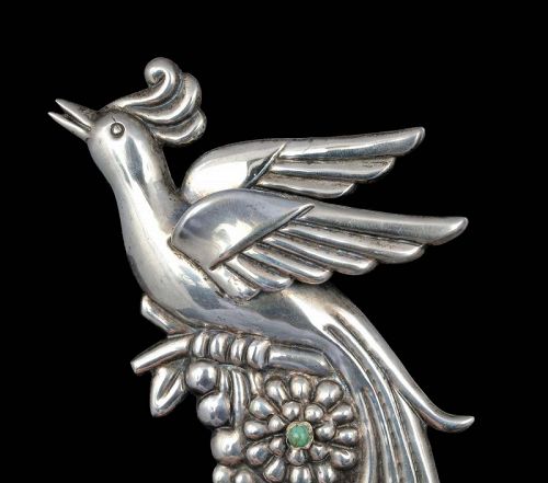 5.75" Mexican Deco silver Pin Brooch ~ Bird of Paradise with turquoise