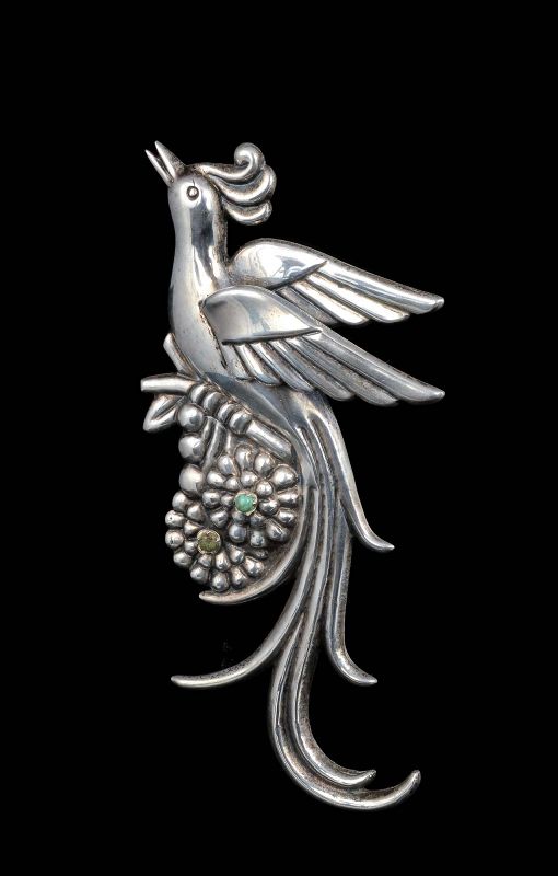 5.75&quot; Mexican Deco silver Pin Brooch ~ Bird of Paradise with turquoise