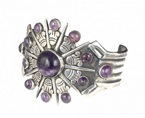 Mexican Deco silver amethyst Cuff Bracelet ~ Spratling Aztec sun dsgn