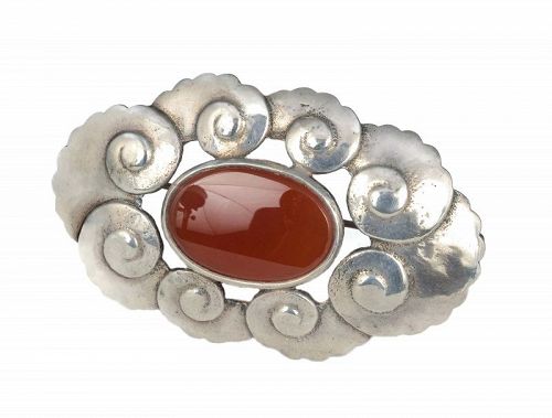 antique Arts and Crafts silver carnelian nautilus Pin Brooch