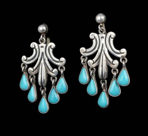 stunning Mexican silver turquoise chandelier Dangle Earrings