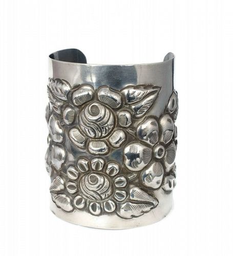 wide A Tobias Mexican Deco silver repousse Cuff Bracelet