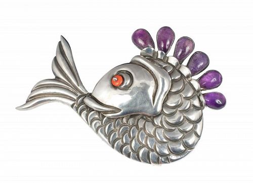 Ingrid's Mexican retro silver, amethyst, coral carp fish Pin Brooch