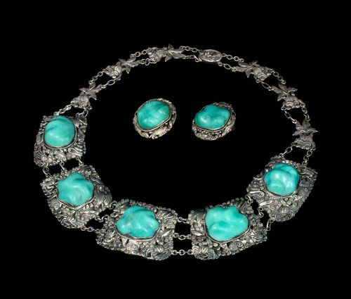 antique Chinese silver and turqoise Necklace and Earrings set