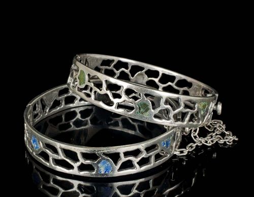 set of 2 Miguel Melendez Mexican silver modernist Bangle Bracelets