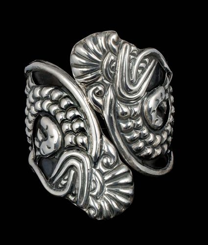 Mexican silver repousse Clamper Bracelet ~ Quetzalcoatl