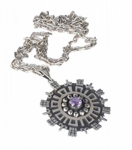 Mexican silver color-change sapphire Aztec Sun Pendant Necklace