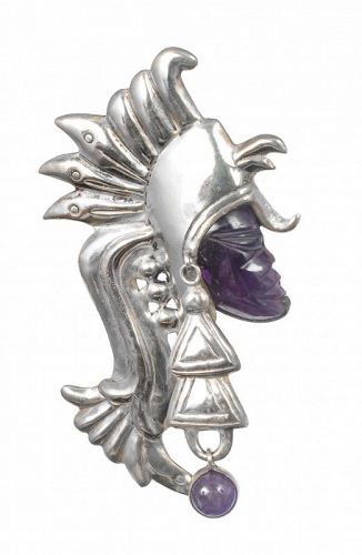 Mexican Deco silver amethyst "mask with earring" Pin Brooch