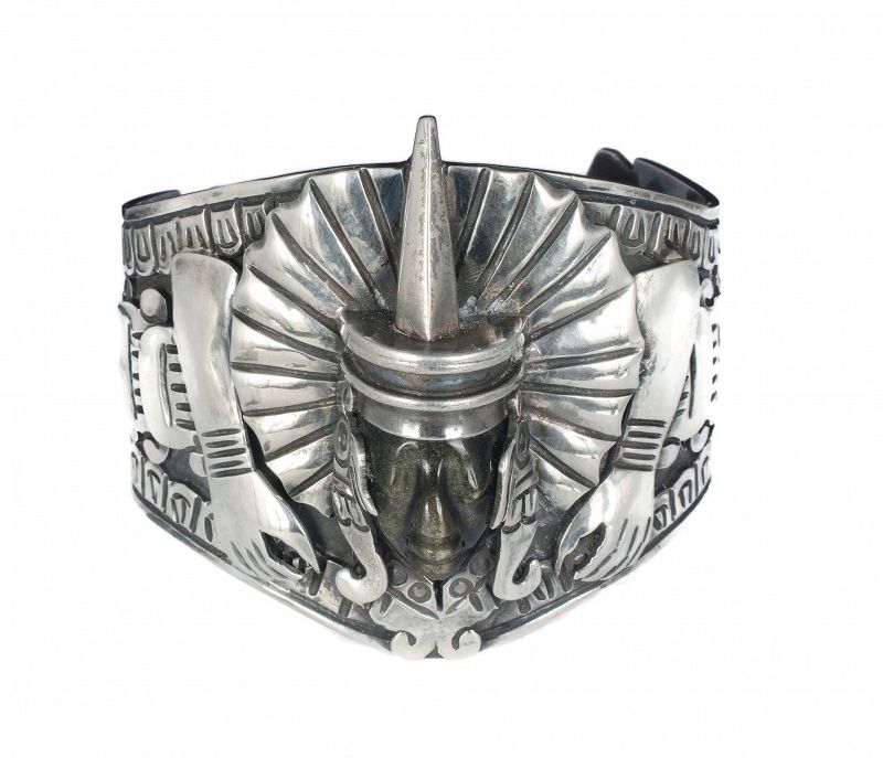 monumental Mexican Deco silver and obsidian &quot;mask&quot; Cuff Bracelet