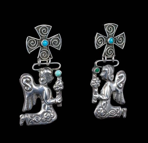 2.75" Matl Mexican silver and turquoise "angels" Dangle Earrings