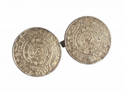 Mexican Deco silver 14k gold Cufflinks Cuff links ~ Aztec Sun Disk
