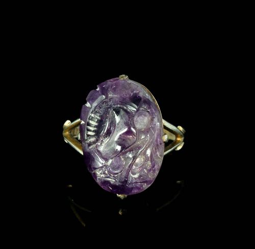 antique Chinese Deco silver vermeil and carved amethyst Ring