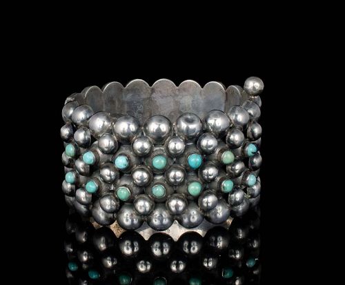 Mexican Deco silver semi-spheres and turquoise hinged Bangle Bracelet