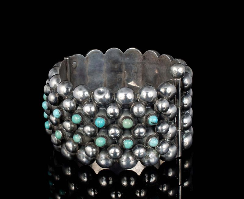 Mexican Deco silver semi-spheres and turquoise hinged Bangle Bracelet