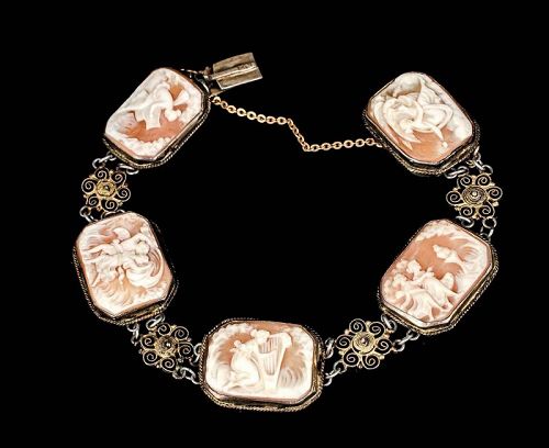 antique 12k vermeil Italian silver shell cameo Bracelet ~ Greek myths