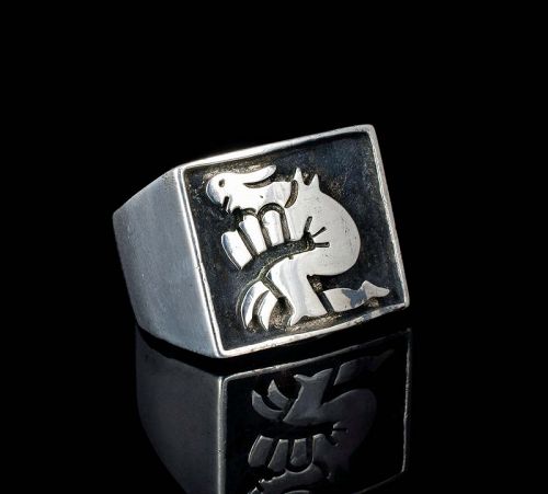 Mexican silver modernist zodiac Ring ~ Aquarius, the water-bearer